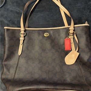 Coach Dark Brown and Tan Tote with Red Tag